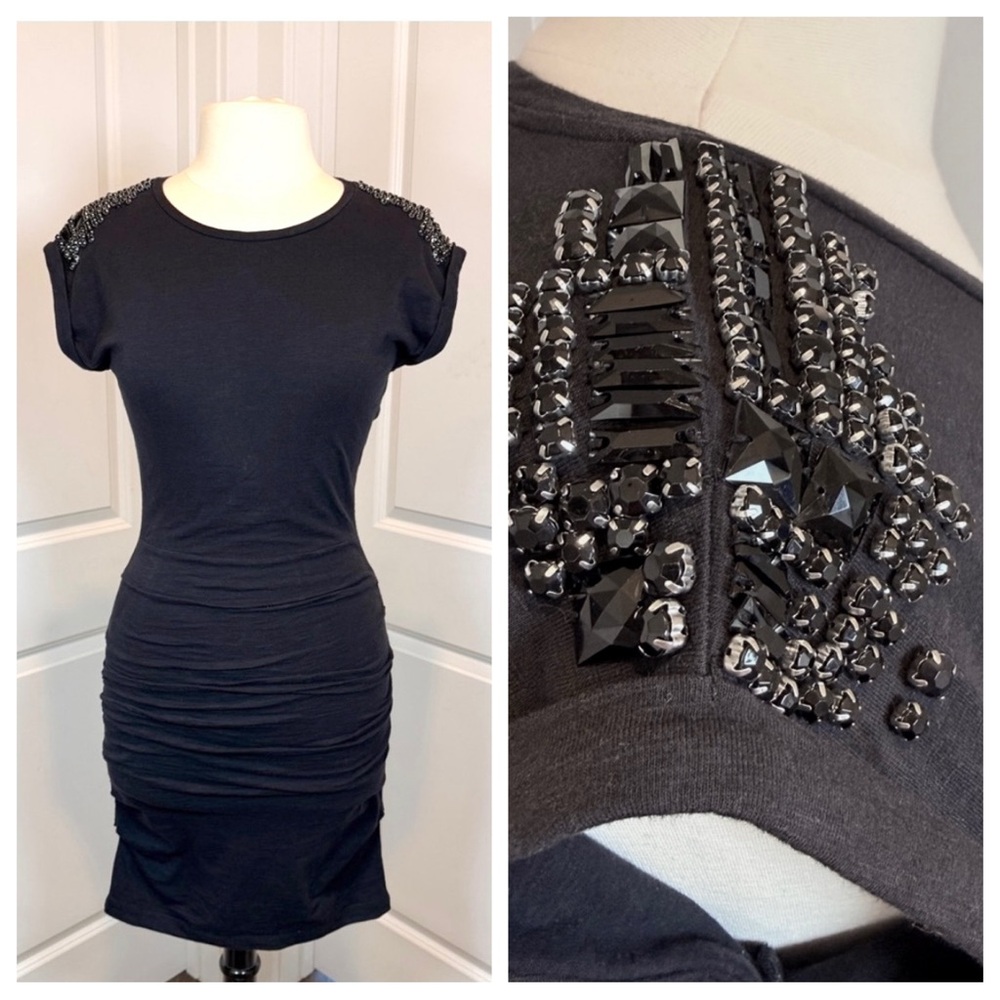 MAJE Little Black Dress Sz 2, Embellished Shoulder Ruched Bodycon Party Cocktail